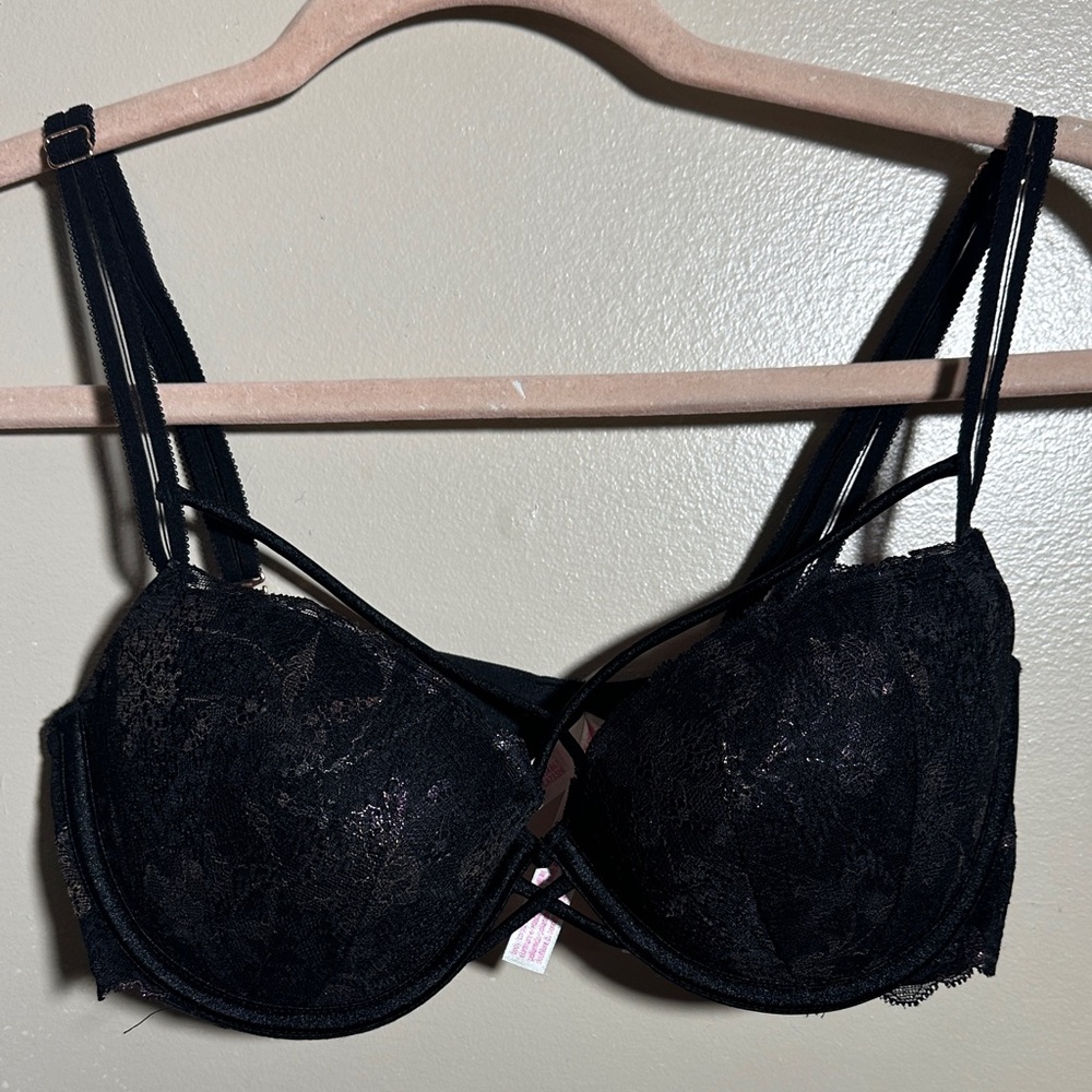 Victorias Secret PINK Black Lace Date Push Up Bra 34D
